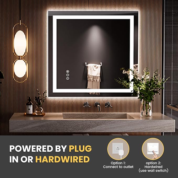 LOAAO 36"x34" LED Bathroom Mirror with Lights, UL Listed | Anti-Fog, Dimmable, 3 Color Temperature, Backlit + Front Lit, Memory Function, Tempered Glass