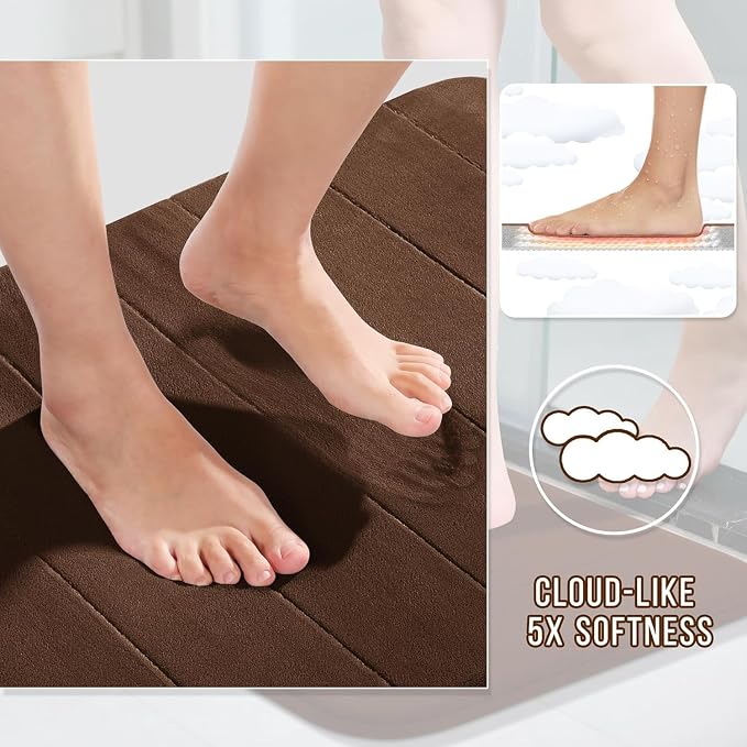 Yimobra Memory Foam Bath Mat Set 3 Pieces- Super Soft Absorbent Quick Dry Bathroom Rug Sets, Machine Washable Non Slip Floor Carpet for Tub Shower, Vanity & Toilet Base, Brown