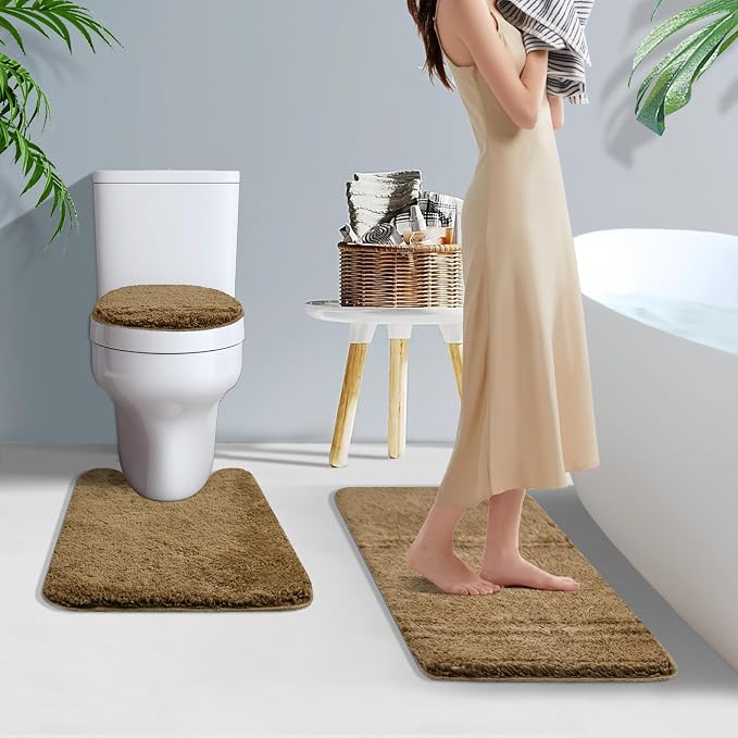 Bathroom Rugs Sets 3 Piece with Toilet Seat Cover 17.5"x 15" | Machine Washable Bath Rug Set with Tpr Non Slip Rubber Backing Solid Bath Mat Set for Luxury Bathroom Decoration