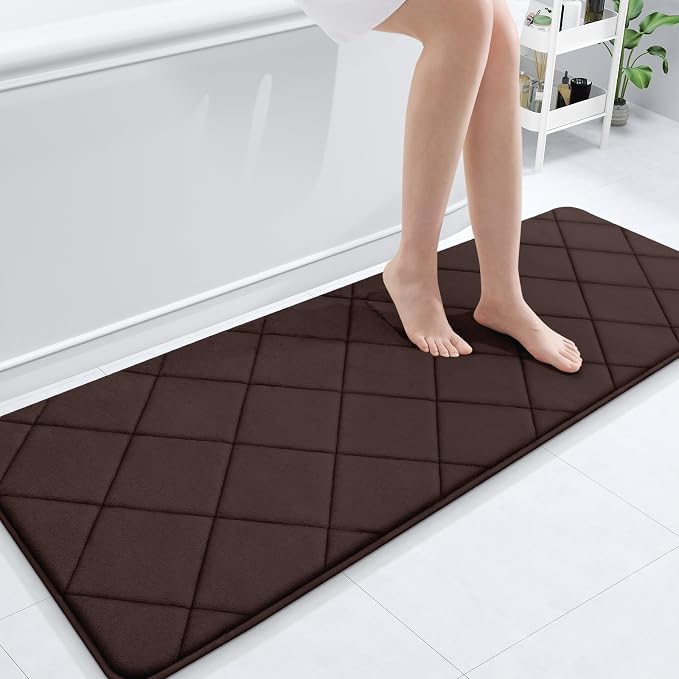 OLANLY Memory Foam Bath Mat 59x20, Ultra Soft and Absorbent Bathroom Rugs | Brown, Quick Dry, Machine Washable Shower Bath Rugs, Comfortable Bath Carpet for Bathroom Floor, Tub and Shower