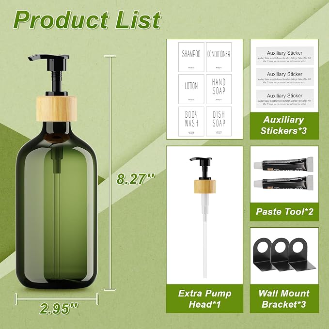 VITVITI Shampoo and Conditioner Dispenser 3 Chamber Shower Wall, Dark Green | Refillable Body Wash Shower Soap Dispenser Wall Mounted, Drill Free 17oz Plastic Shower Bottles for Bathroom, 3 Sets