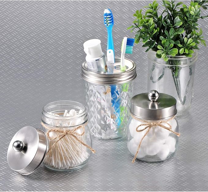 SheeChung Glass Mason Jar Qtip Holder, Brushed Nickel Stainless Steel Lid | Clear Apothecary Jar Canisters Set,Bathroom Jar Dispenser,Vanity Storage Organizer for Cotton Swab,Ball,Floss,Farmhouse Decor