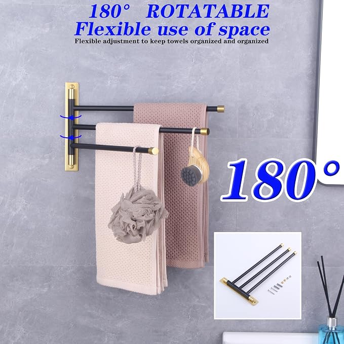 GERZWY SUS 304 Stainless Steel Bathroom Hand Towel Rack 3-Bar Folding Arm Swivel Hanger Bath Towel Holder Swing Out Towel Bar Wall Mount (Black & Gold) HYG03-BD