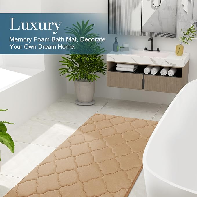 OLANLY Memory Foam Bath Mat Rug 47x24, Ultra Soft Bathroom Rugs, Dark Beige | Thick Absorbent Carpet, Non-Slip Backing, Machine Washable, for Bathroom Floor, Tub, Shower and Home Decor Accessories