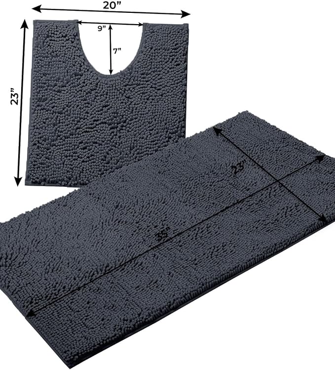 Bathroom Rugs Sets 2 Piece, Luxury Chenille Bath Mat Set, Soft Plush Anti-Slip Bath Rug + U-Shaped Toilet Mat. Microfiber Shaggy Carpet, Super Absorbent (24” x 36” & 20” x 24” U, Charcoal)
