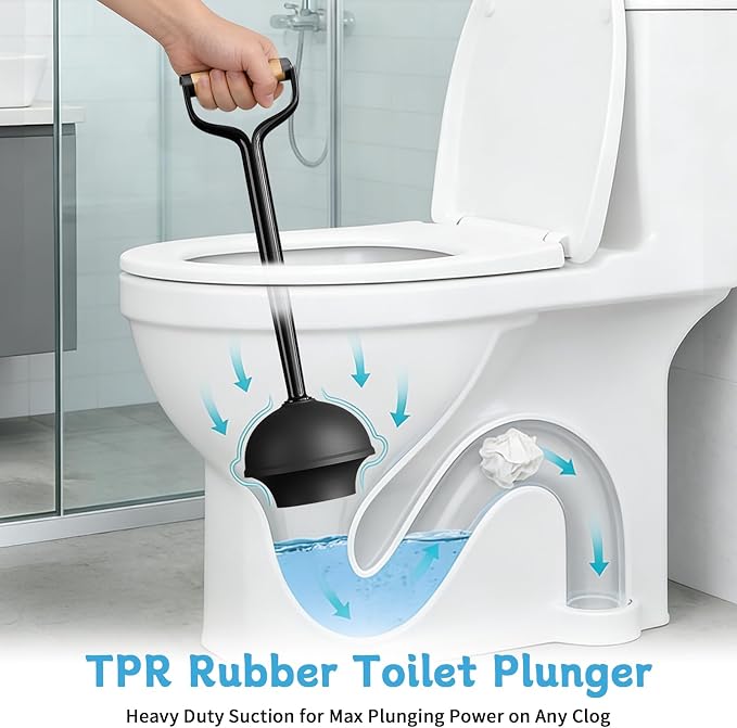 Sellemer Toilet Brush and Plunger Set, Curved Head for Deep Cleaning, Black | Brush and Plunger set, Curved Nylon Bristles for Deep Clean, Strong Suction Plunger, Ventilated Holder for Quickly Air Dry