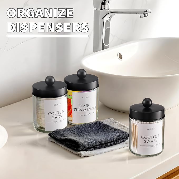 Bathroom Organizers and Storage,4 Pack,48 oz Total,Bathroom Accessories,Bathroom Decor,Bathroom Storage and Organization,Qtip Holder for Room Decor Aesthetic (Black lids)