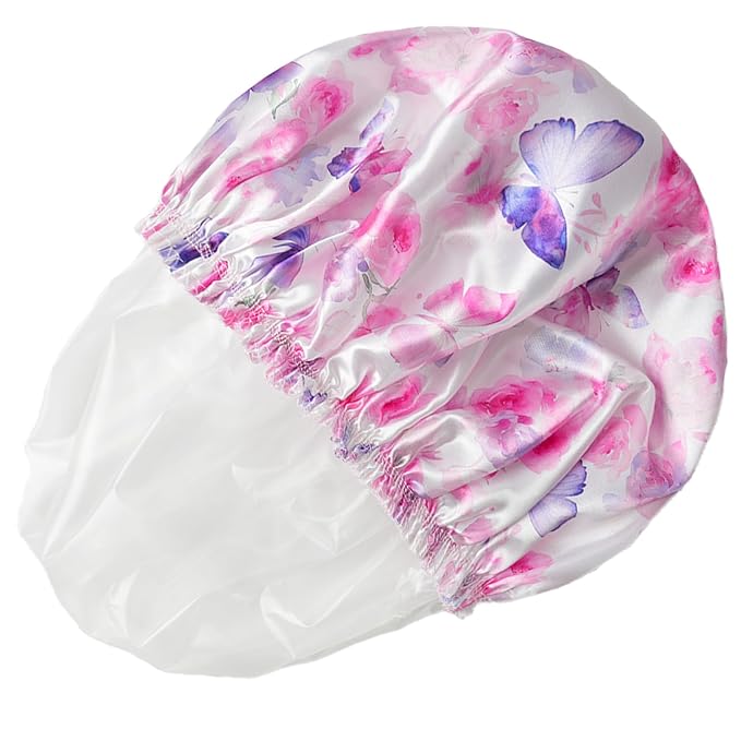 Shower Caps for Women, 4 PCS Reusable Waterproof Bath Cap | Double Layer, Washable, Wide Elastic Band, Holds Long Hair, Caps for Bath Accessories, Spa, Travel Home - Butterfly C
