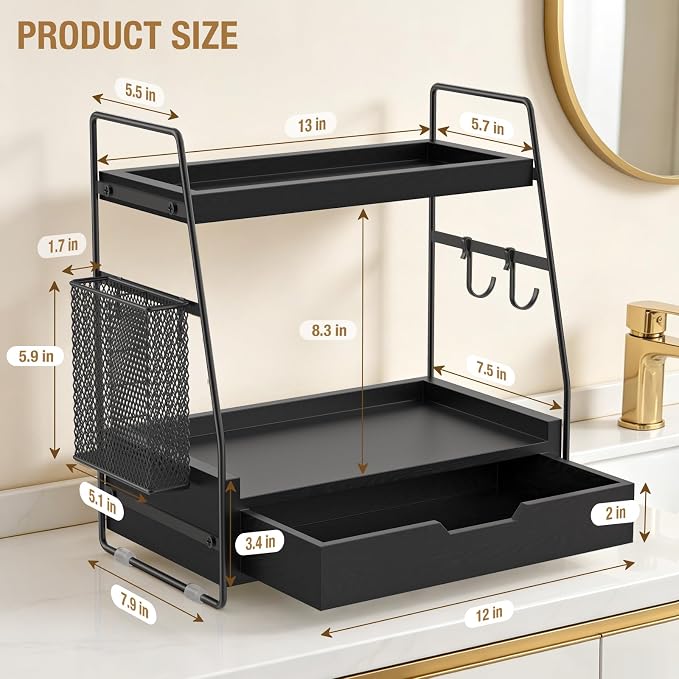 2-Tier Bathroom Counter Organizer with Drawer and Removable Basket, Wood Vanity Countertop Storage for Perfume, Makeup, Skincare, Bathroom Counter Shelf, 13" x 7.9" x 14.5", Black