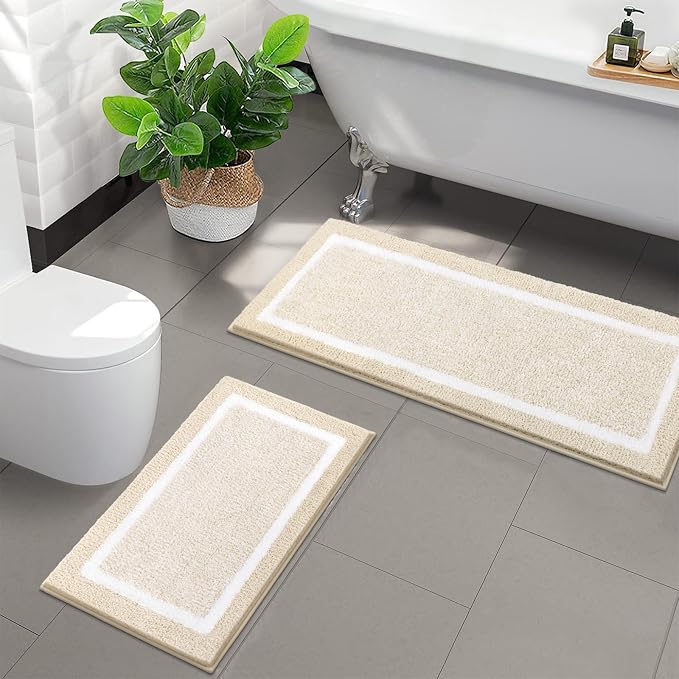 Pauwer Bathroom Rugs Sets 2 Piece, Non Slip Washable Bath Mat, Light Beige | Soft Plush Microfiber, Super Absorbent Floor Carpet, Quick Dry, Shaggy Shower Rug Runner