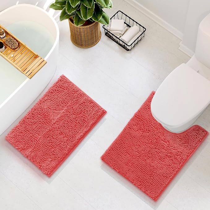 Hearth & Harbor Bathroom Rugs, Chenille Bath Mat - Machine Washable Bath Mats for Bathroom Non-Slip Backing Rubber, Quick Dry Bathroom Mat - Rose 17x24-20x24