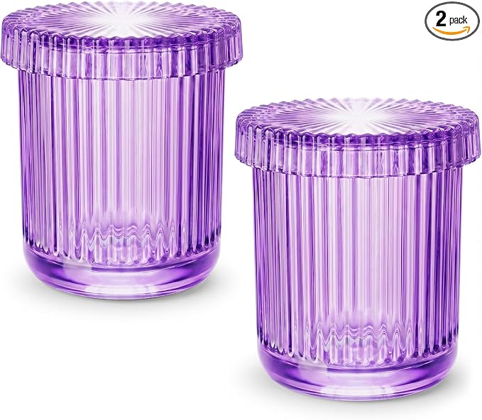 2 Pack Qtip Holder - Apothecary Jars with Lids, Bathroom Organizers and Storage Canister for Cotton Balls,Swabs,Floss Picks,Hair Ties,Clear Glass Vintage Bathroom Decor Jar Set (purple)