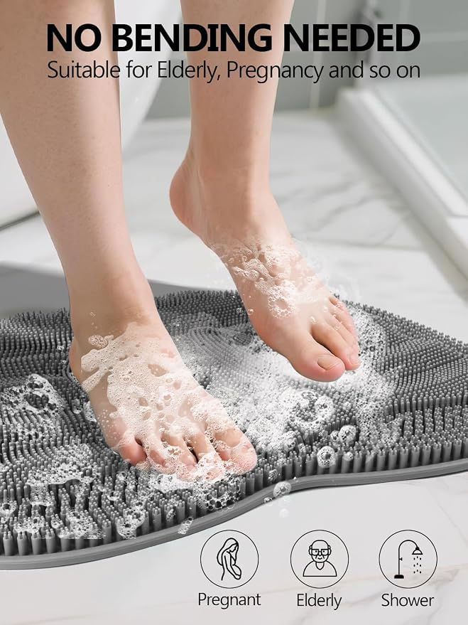 Kalolary Silicone Shower Foot Scrubber Mat, Large Foot Scrubber in Shower with Non Slip Suction Cups Foot Cleaner Brush to Clean Exfoliate and Massage Feet Without Bending Over Easy to Clean (Grey)