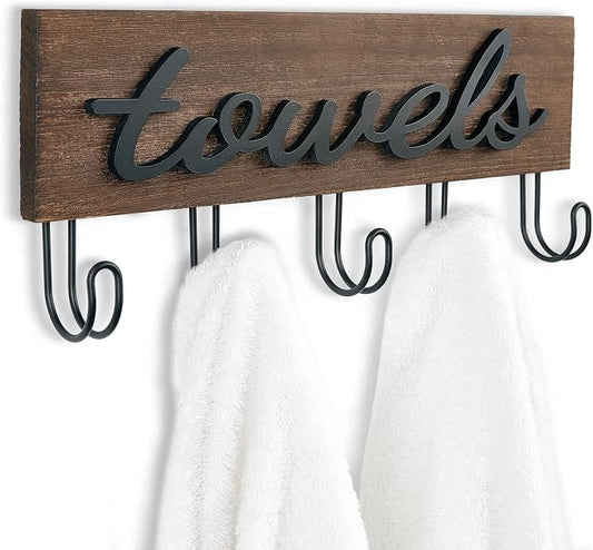 Mkono Towel Holder Wall Mounted Towel Racks for Bathroom Farmhouse Decor Rustic Wood Towel Hooks Hang Towels Bathrobe Coat Clothing 12.6" x 5.2" Bath Towel Hanger Storage Organizer