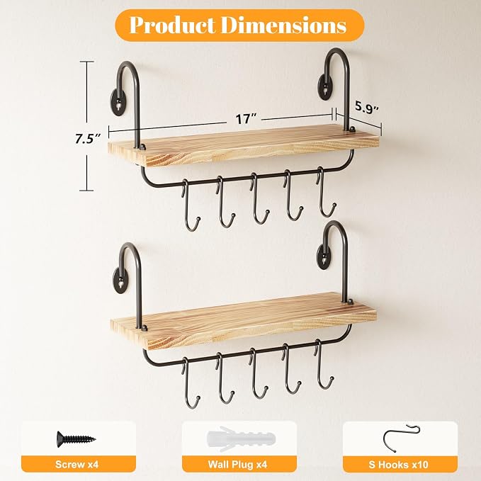 Olakee Floating Wall Shelves for Kitchen Bathroom Coffee Nook with 10 Adjustable Hooks for Coffee Mugs, Coffee Bar Organizer and Decor, Rustic Storage Shelves Set of 2