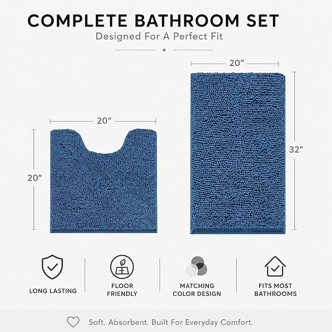Bathroom Rugs Sets 2 Piece,Super Absorbent Soft,Thick,Machine Washable Chenille Bath Mat,Non Slip Toilet Floor Rug,Bath Mats for Bathroom,20x32 Plus 20x20 U Shape,Denim Blue