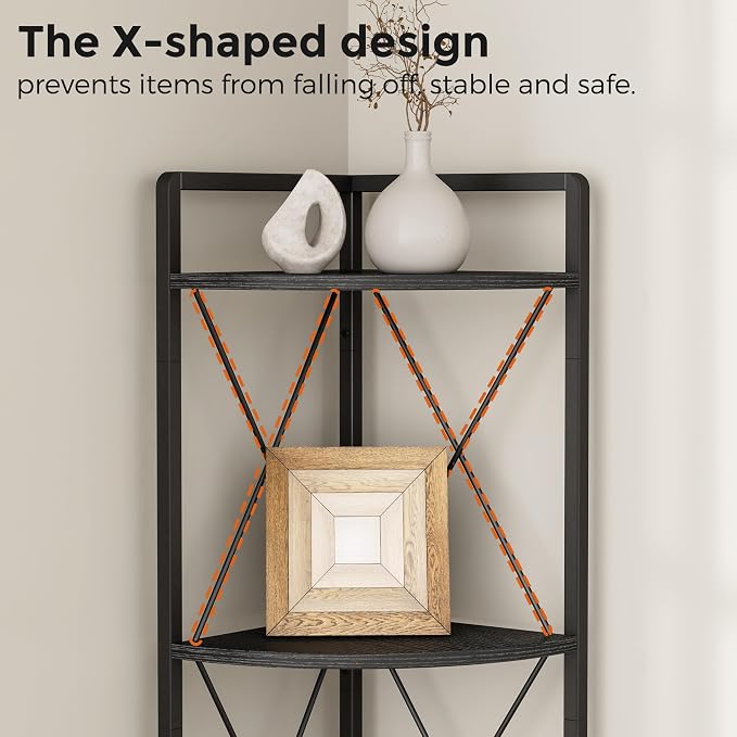 5 Tier Corner Shelf Stand, 64" H Tall Industrial Corner Bookshelf for Living Room Decor, Metal Corner Shelf, Plant Stand Display Shelf for Bedroom, Bathroom, Small Space, Black
