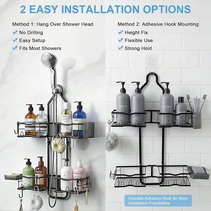 Shower Caddy Hanging Organizer Over Showerhead, Rustproof Black | 2-Tier No-Drill Hanging Shower Organizer with Removable Hooks, Soap Dish, Toothbrush Holder for Bathroom Razor Shampoo Sponge