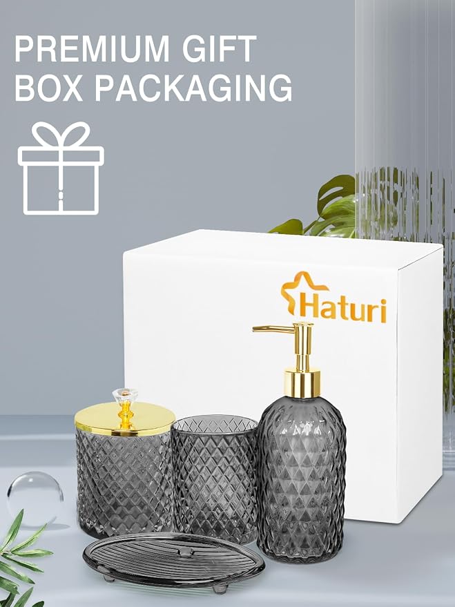 Haturi Glass Bathroom Accessories Set, Smoky Gray Bathroom Set, 4 Pcs | Kit w/ Bathroom Soap Dispenser Set, Toothbrush Holder, Qtip Holder, Vanity Tray, Gray Bathroom Decor, Gift for Home Apartment