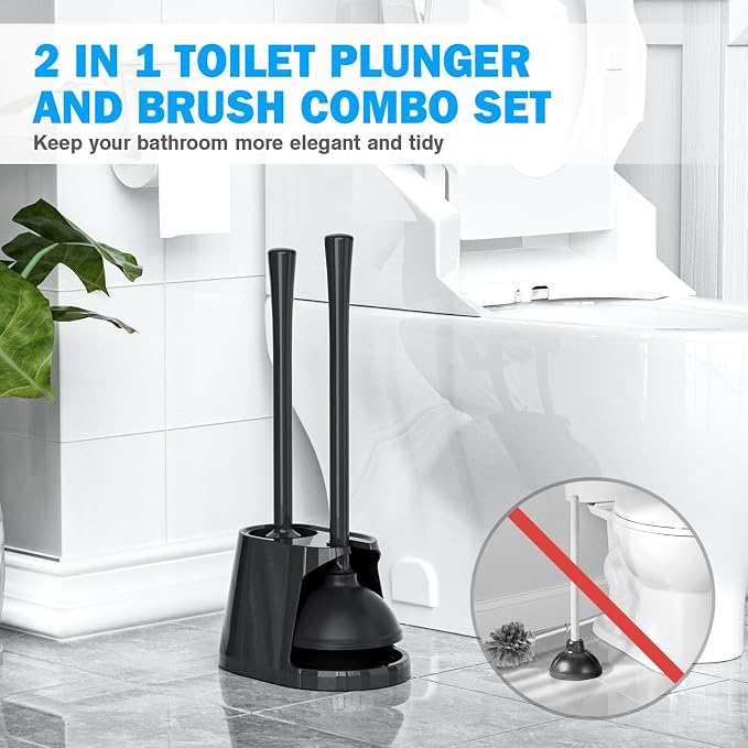 Toilet Plunger and Brush Set, Bowl Brush and Heavy Duty Toilet Plunger with Ventilated Holder, 2-in-1 Toilet Brush and Plunger Combo for Bathroom Deeply Cleaning（Black）