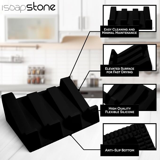 Silicone Soap Dish (USA Patented) Self Draining Bar Soap Holder for Shower Bathroom Sink, Drying Soap Dish Tray Sponge Holder Easy Cleaning Soap Saver Travel Accessories (Black, 2)