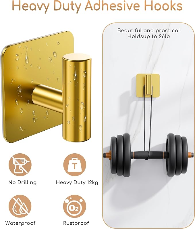 Aikzik 4 Pack Large Heavy Duty Wall Hooks - 26lb Max, Stainless Steel Adhesive Towel Hook, Shower Hooks for Hanging Towel, Coat, Robe, Wall Hook for Use in Bathroom, Kitchen and Door, Gold