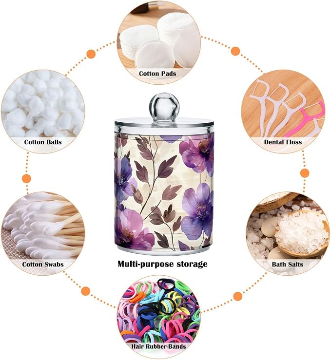 ALAZA 4 Pack Qtip Holder Dispenser Purple Tulip Flower Beige Cotton Ball Cotton Swab Round Pads Floss Clear Bathroom Storage Containers Plastic Apothecary Jars with Lids
