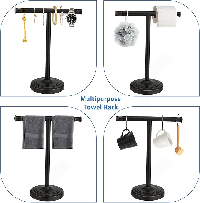 RUMOSE 13 Inch Oil Rubbed Bronze Towel Stand Hand Towel Holder Bathroom Kitchen Vanity Countertop T-Shape Towel Rack Free Standing Stainless Steel Towel Bar Towel Ring