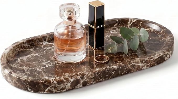 YKAJO Crystal Coffee Brown Oval Marble Tray, 9.8x4.7 Vanity Organizer Dish | Honed natural stone; jewelry & trinket dish, ring & key holder, soap & candle catchall; bath counter, dresser, coffee table