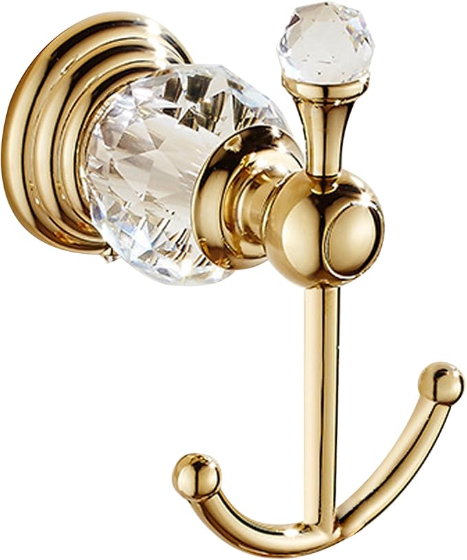 Crystal Gold Towel Hook, Gold Bathroom Robe Hook, Coat Rack Hanger Heavy Sturdy Double Towel Hooks Bath Farmhouse Clothes Hook Wall Mounted Modern for Bathroom Kitchen Washroom