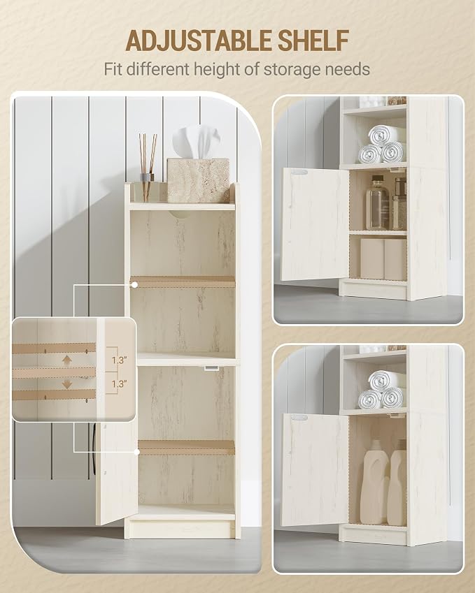 Hzuaneri Bathroom Storage Cabinet, Small Farmhouse Corner Floor Cabinet with Door and Shelves, Narrow Toilet Paper Holder Stand, Bathroom Organizer with Adjustable Shelf, for Small Spaces,Rustic White