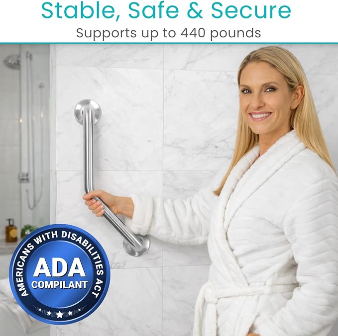 Vive Angled Shower Grab Bar (Supports 440lbs) - ADA Compliant Tub, Bathroom, Bathtub Safety Assist Rail for Handicap, Seniors, Elderly - 16in Grip Handle for Bath and Toilet - Brushed Nickel Finish