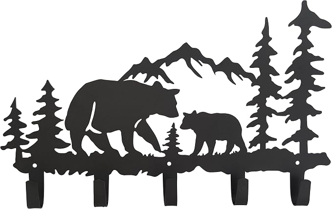 Metal Bear Coat Hooks Wall Art Decor-Bear Hangers and Key Holder-Animal Theme Hooks Sweet Home Decor for Storage, Living Room, Hallway, Office (Black)