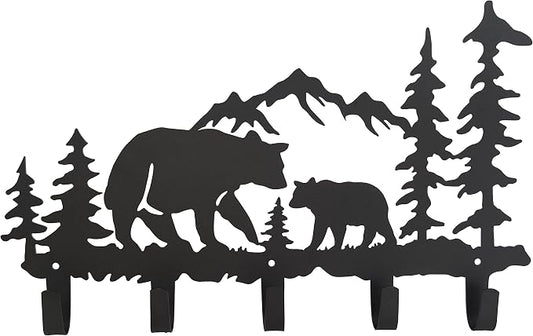 Metal Bear Coat Hooks Wall Art Decor-Bear Hangers and Key Holder-Animal Theme Hooks Sweet Home Decor for Storage, Living Room, Hallway, Office (Black)
