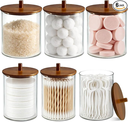 15oz & 10oz Glass Qtip Holder with Acacia Wood Lids, 6 Pack Apothecary Jars | Small Glass Dispenser Jars with Labels, for Cotton Swabs, Cotton Balls, Pads, Floss Picks, Toothpicks, Vanity Organization