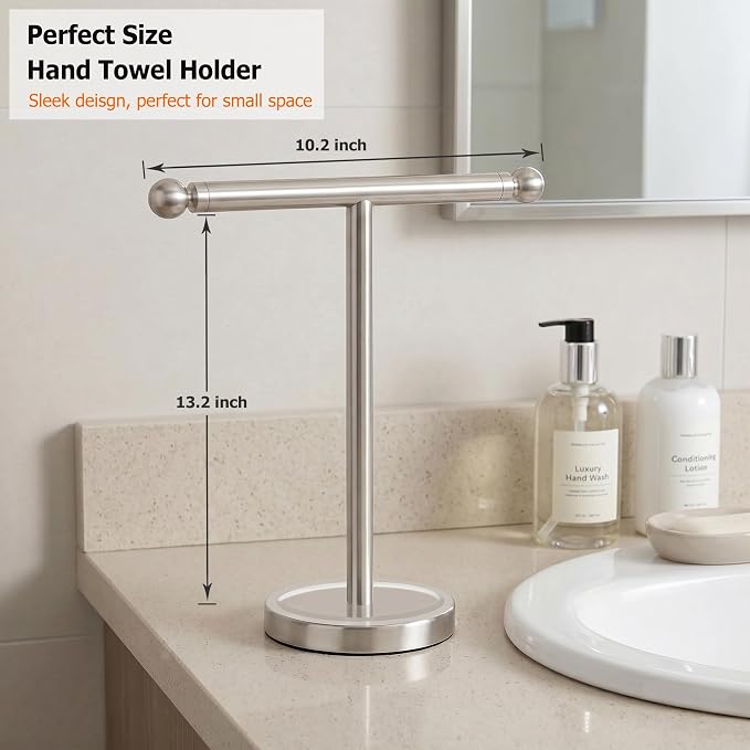 Hand Towel Holder Standing, T-Shape Towel Rack with Heavy Base, Regular Sized Hand Towel for Bath (Brushed Nickel, Stainless Steel)