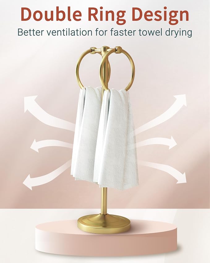 18" Hand Towel Holder Stand, Stainless Steel Free Standing Towel Rack Bar,Double Ring Towel Hanger with Weighted Base, Towel Hardware for Bathroom Vanity Kitchen Countertops(Brushed Gold)
