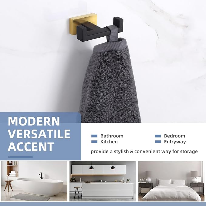 Angle Simple Towel Hook Black & Gold 2 PCS, Stainless Steel Double Hook for Bathroom, Square Robe Hook, Hand Towel Holder for Wall