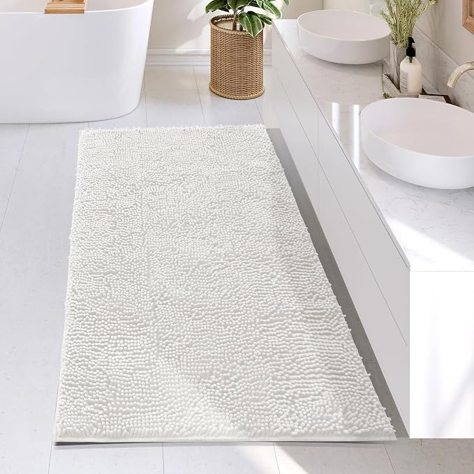Hearth & Harbor Bathroom Rugs, Chenille Bath Mat - Machine Washable Bath Mats for Bathroom Non-Slip Backing Rubber, Quick Dry Bathroom Mat - Off-White Bath Rug, 26x44