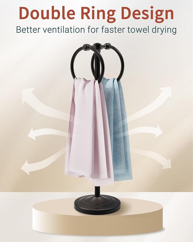 18" Hand Towel Holder Stand, Stainless Steel Free Standing Towel Rack Bar,Double Ring Towel Hanger with Weighted Base, Towel Hardware for Bathroom Vanity Kitchen Countertops(Oil Rubbed Bronze)