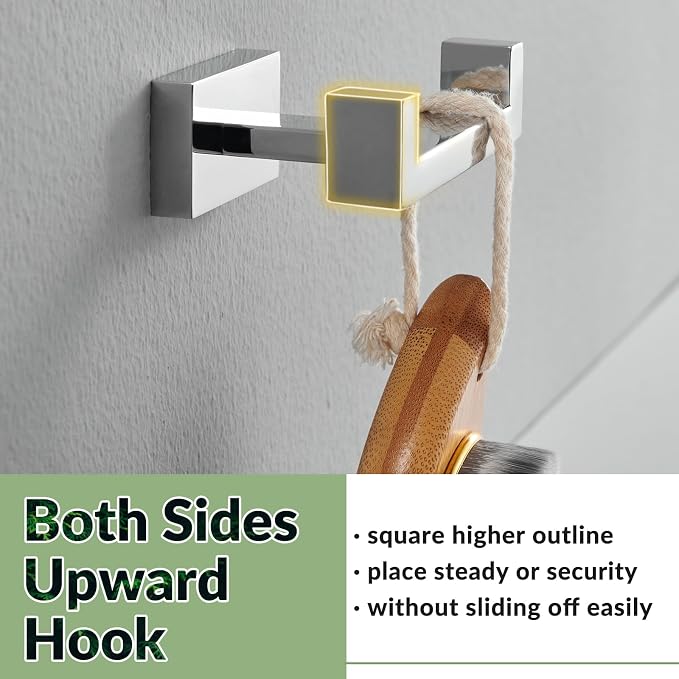 APLusee Square Double Towel Hook, 304 Stainless Steel Dual Coat Holder, Modern Bathroom Kitchen Storage Hanger Wall Mounted, Polished Chrome