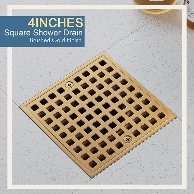 Champagne Bronze 4 Inch Shower Floor Drain with Flange - Square Shower Drain with Hair Strainer - Removable Strainer Cover - SUS304 Stainless Steel - Antique Brass