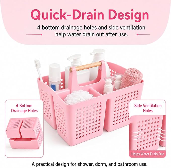 Portable Shower Caddy Basket with Wood Handle, 3-Compartment Bathroom Organizer Tote with Drain Holes, Plastic Shower Basket for Dorm, Toiletries, Cleaning Supplies, Candy Pink