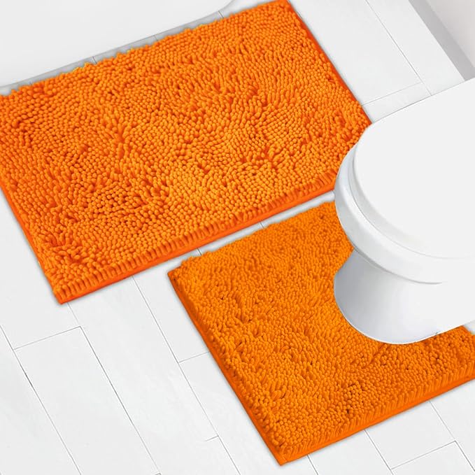 Bathroom Rugs Chenille Bath mat 2 Piece Set, Super Absorbent, Strong PVC Non Slip Backing, Bath mats for Bathroom, Plush Shaggy, Thick, Machine Washable, Bathtub, Shower, Toilet.(Orange)