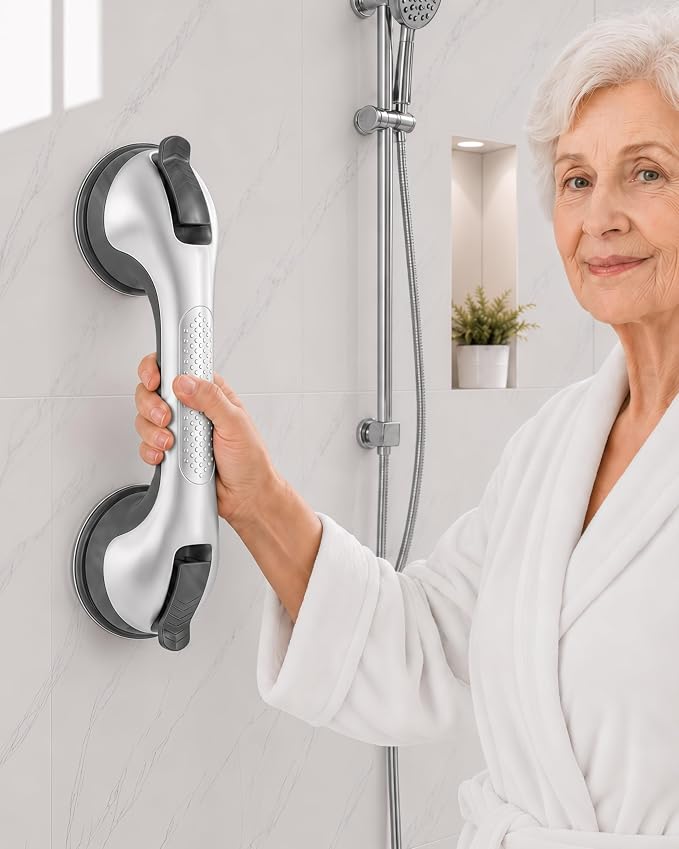 Gel-Enhanced Shower Grab Bars for Seniors and Elderly, Heavy Duty Suction Safety Bars for Bathtubs and Showers, No Drilling Removable Bathroom Handles for Tub and Shower Support, Silver