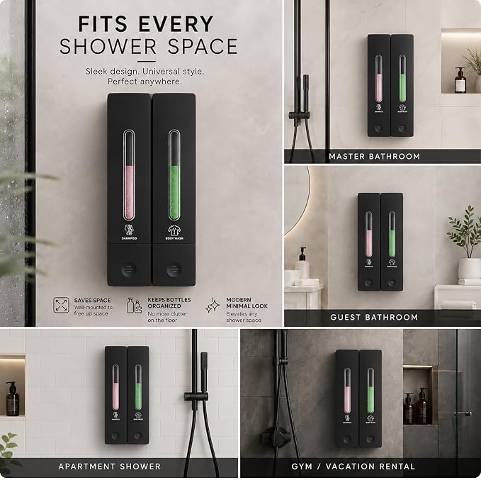 Shampoo and Conditioner Dispenser - Wall-Mounted 3-Chamber Shower Soap Dispenser, No-Drill, 1200ML Capacity, for Bathroom & Hotel