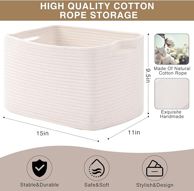 ICERZCZ Storage Baskets for Organizing Shelves, Woven Cotton Rope Bins for Baby Nursery Organization, Book Toy Towel Organizer, 15"x11"x9.5", 3 Packs, Off White