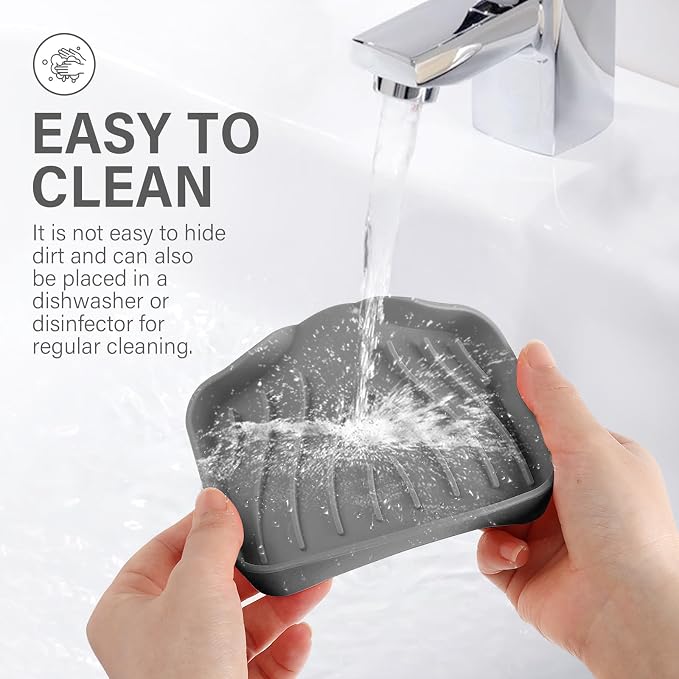 Silicone Soap Dish with Drain, SAISN Kitchen Soap Tray for Shower 2 Pack Self Draining Soap Dish Soft Bathroom Soap Holder for Kitchen Sink Flexible Portable Soap Saver, Grey