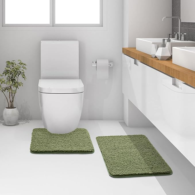 MIULEE Sage Bathroom Rugs Set 2 Piece Soft Bath Mats 20x20+20x32 Inch | Absorbent Microfiber Bath Mat and U-Shaped Toilet Rug, Non Slip, Quick Dry, for Bathroom Floor Tub Showers, Machine Washable