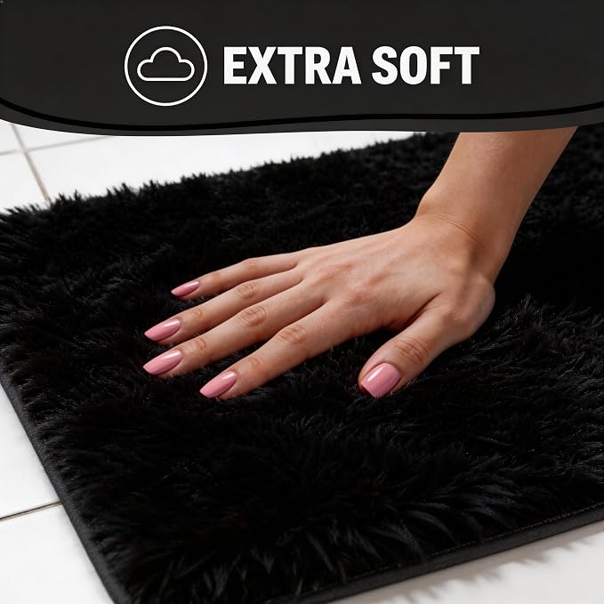 Bathroom Rugs Set Plush Velvet Bath Rugs Non-Slip Shaggy Bath Mat Set 3 Piece,Washable Mats,Absorbent Shaggy Rugs Super Soft U-Shaped Toilet Rug,Bahroom Carpets for Bathroom,Tub,Shower Black